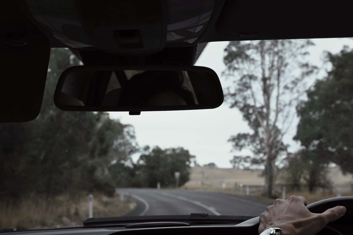 Blick durch die Windschutzscheibe auf eine Landstraße, eine Hand am Lenkrad